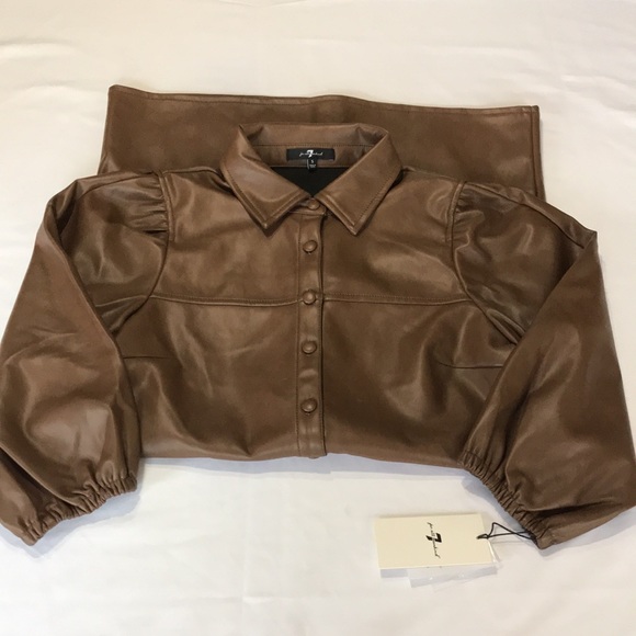 7 For All Mankind Faux Leather Puff Sleeve Dress in Saddle Size Small NWT - Picture 7 of 11
